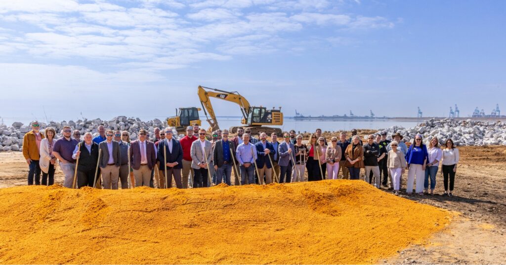 New park with view of Mobile Bay, USS Alabama coming to Spanish Fort